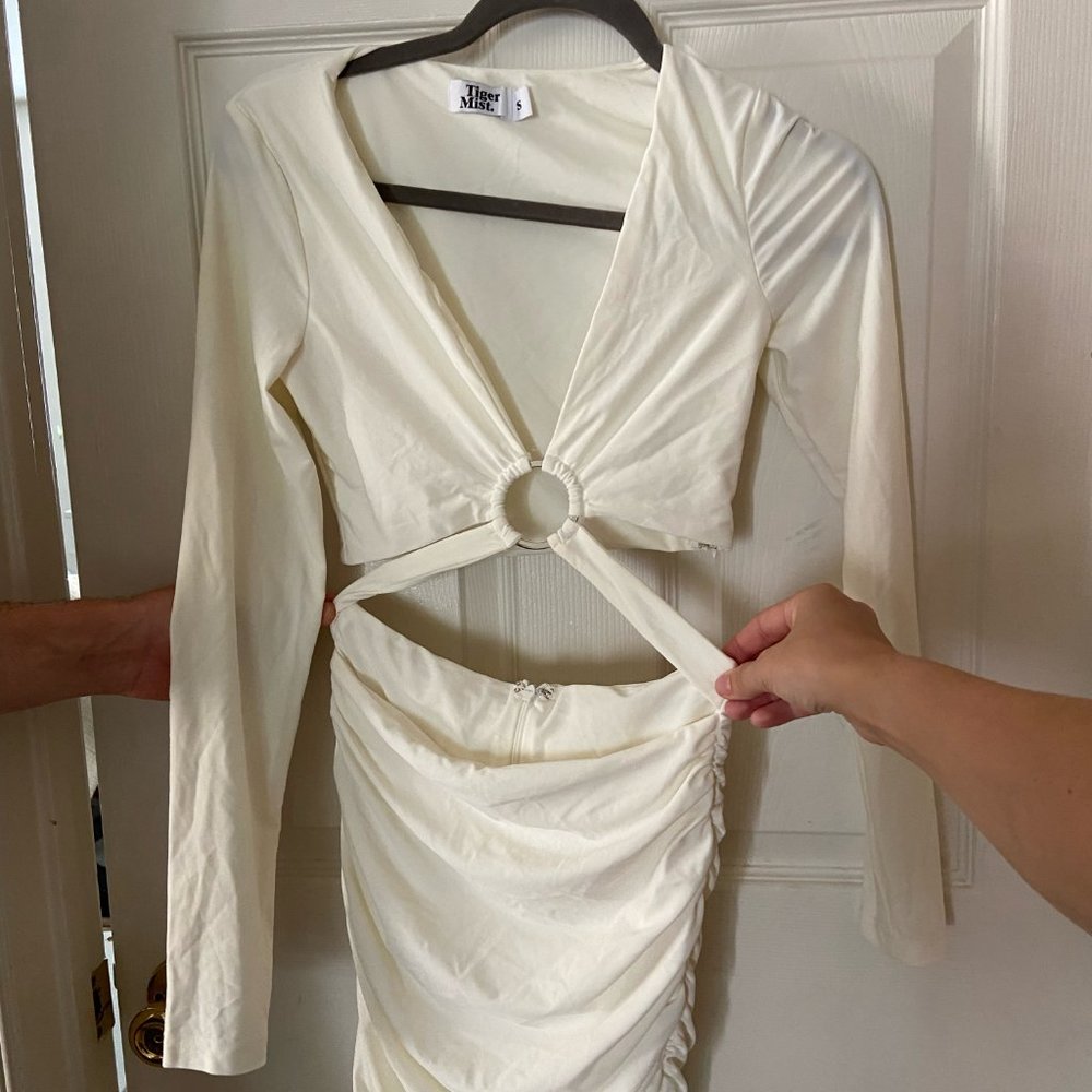 TIGERMIST: White Long Sleeve Ring Dress